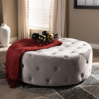 Baxton Studio 501-Slate Grey-Otto Cardiff Transitional Grey Velvet Fabric Upholstered Button Tufted Cocktail Ottoman